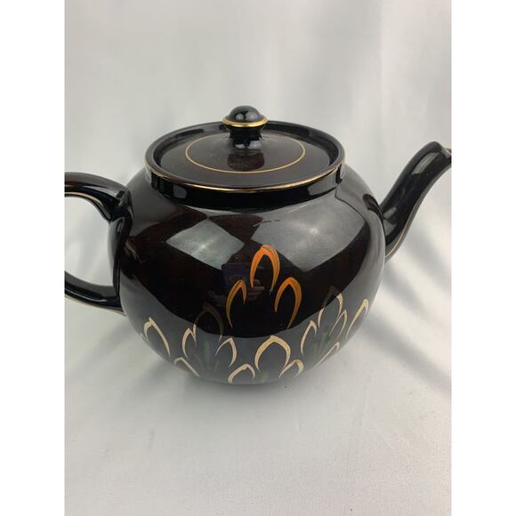 Vintage Brown Heath Ceramics Teapot Made in England Gold Trim Painted Design - Picture 7 of 12